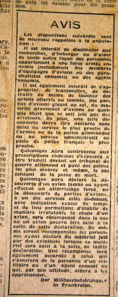 Avis publié dans la presse sous l'occupation allemande